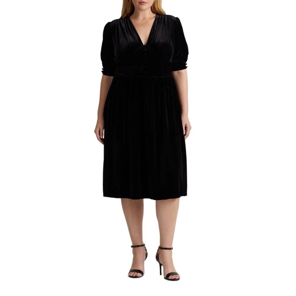 NWT‎ Lauren Ralph Lauren black label puff-sleeve velvet dress